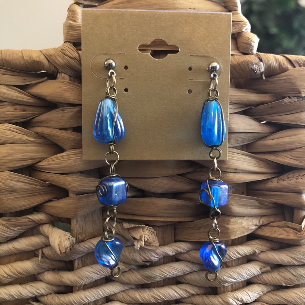Vintage wired blue glass dangle pierced earrings